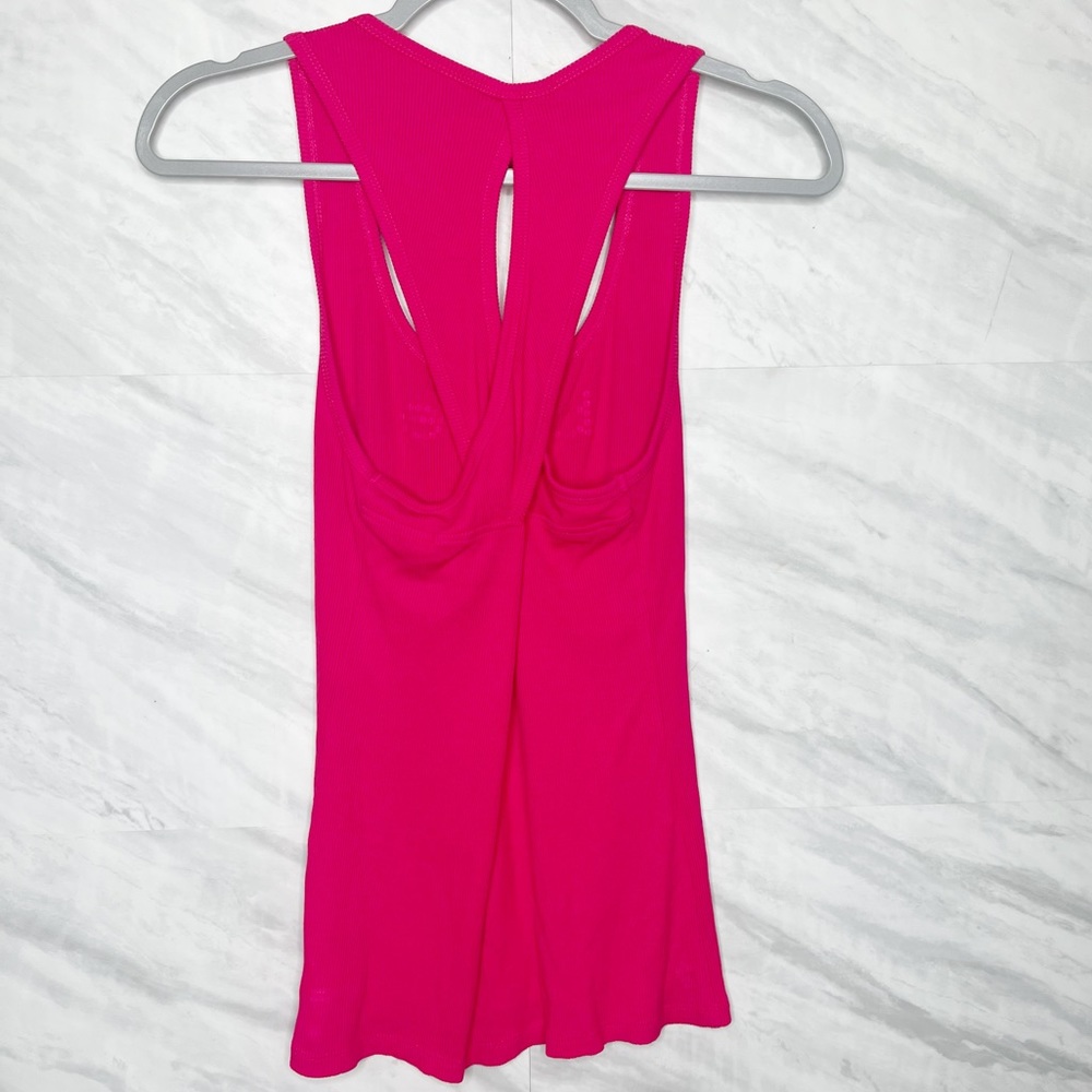 Bebe Bright Pink Ribbed Rhinestone Cross back Tank Large - Picture 2 of 7